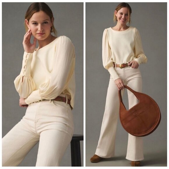 Anthropologie Silky Ballon Sleeves Jewel Neck Blouse in Cream XL - Picture 1 of 12